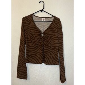 Self Esteem Brown Zebra Print Ring Detail Long Sleeve Cropped Top Womens XL